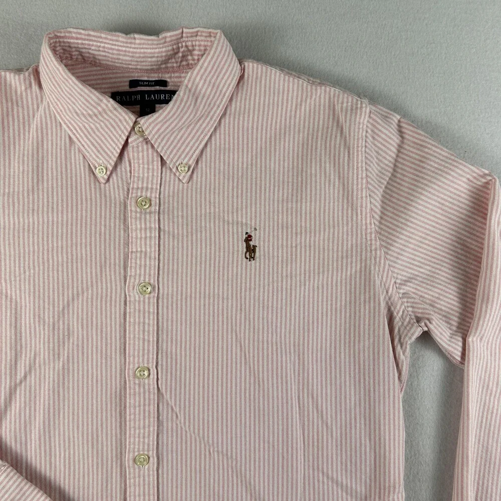 Ralph Lauren Shirt Boys 12 Pink Striped Button Down Long Sleeve Flesh Pony Logo